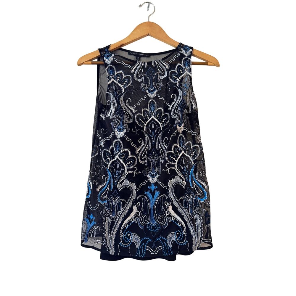 White House Black Market Embroidered Mesh Tank Top Size XS Black Blue Paisley